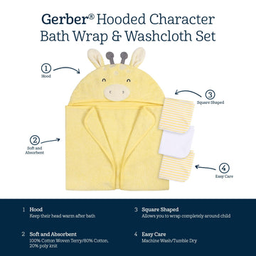 Gerber Baby 4 Piece Animal Character Hooded Towel And Washcloth Set, Yellow Giraffe, One Size