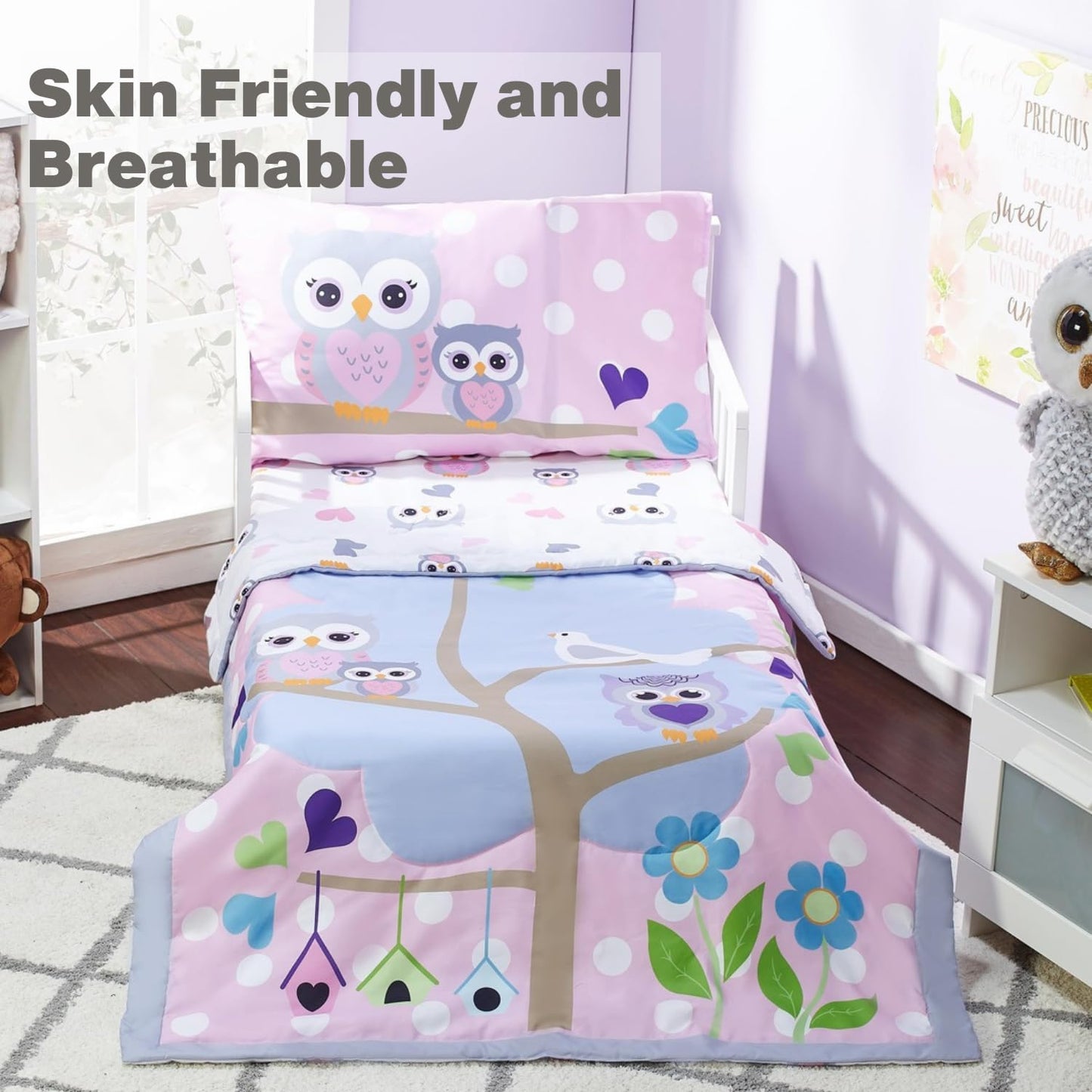 Everyday Kids 4 Piece Toddler Bedding Set - Owls - Soft 100% Cotton Percale - Includes Comforter, Flat Sheet, Fitted Sheet And R