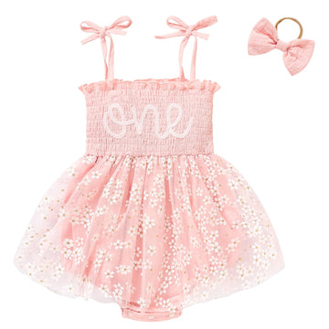 Titkkop Baby Girl 1St Birthday Clothes One Year Old Tulle Romper Sleeveless Bodysuit Cake Smash Outfits(White-Pink,12-18M)