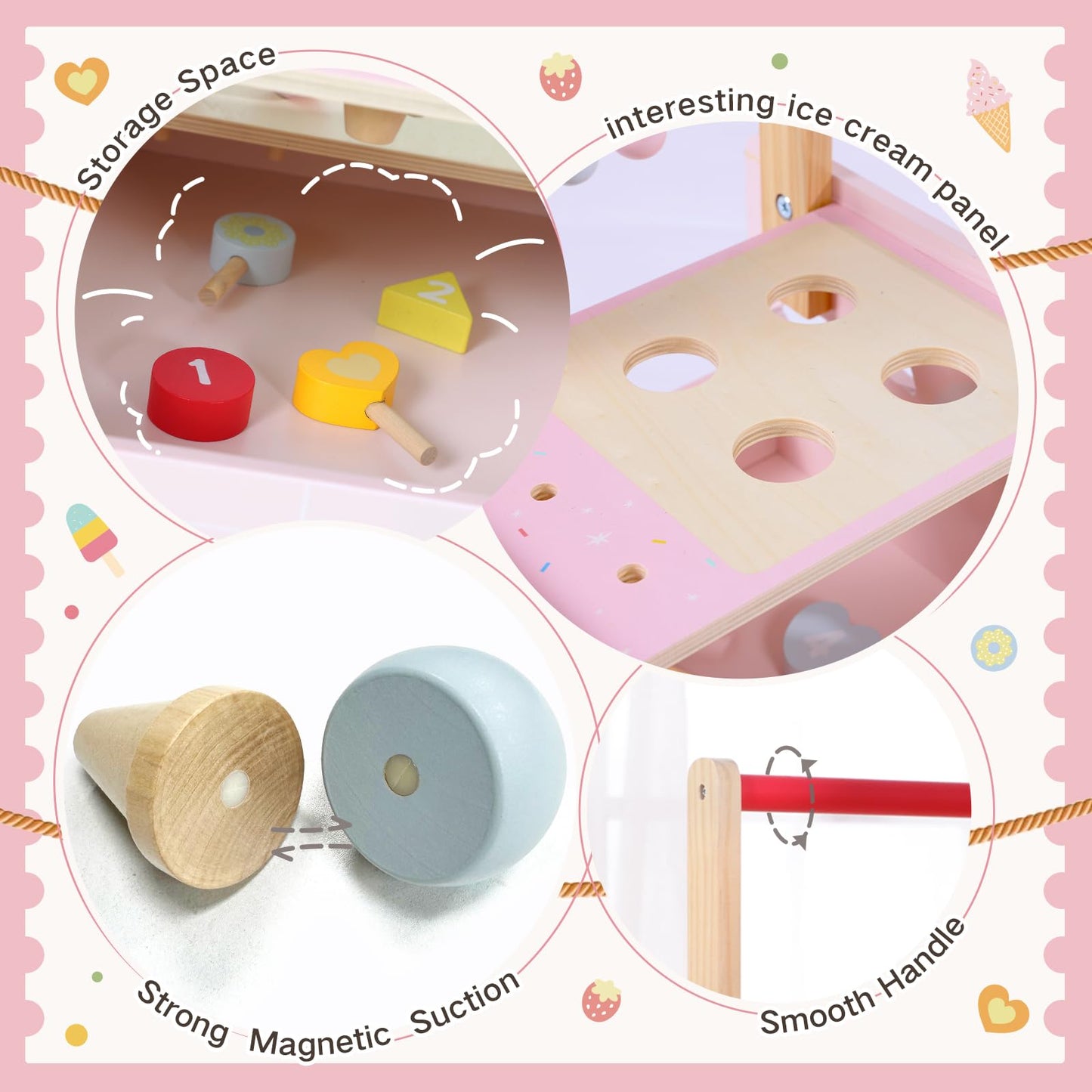 Labebe Wooden Baby Walker, Push Activity Walker For Kids 12M+, Multifunctional Ice Cream Cart Activity, Adjustable Speed Learnin