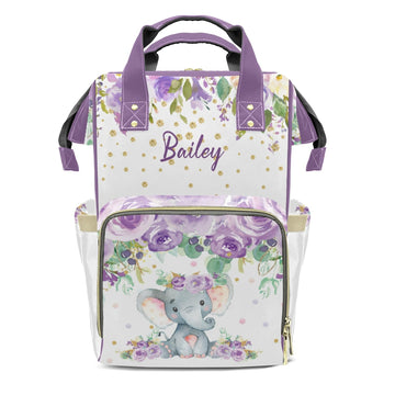XOZOTY Purple Flower Watercolor Elephant Diaper Bags Backpack with Name Personalized Baby Bag Nursing Nappy Bag Travel Tote Bag 