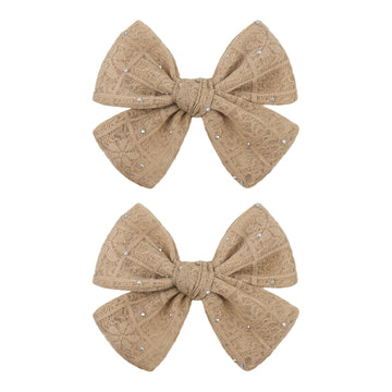 YanJie 2PCS Lace Hair Bow Clips 4 Dark Beige Alligator Barrettes Bows with Rhinestone Baby Girl Hair Accessories for Infant Todd