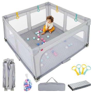 Infans Foldable Baby Playpen With Mat, 59    X 59    Large Baby Play Yard For Infant With 50 Ocean Balls, 4 Handlers, Carry Bag,