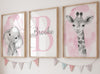 Safari Animals Set Of 3 Unframed Poster Prints For Baby Girls Nursery Bedroom Playroom, Personalized Name, Choice Of 12 Animals,