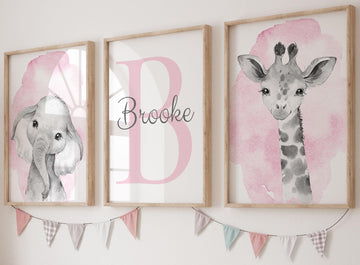 Safari Animals Set Of 3 Unframed Poster Prints For Baby Girls Nursery Bedroom Playroom, Personalized Name, Choice Of 12 Animals,