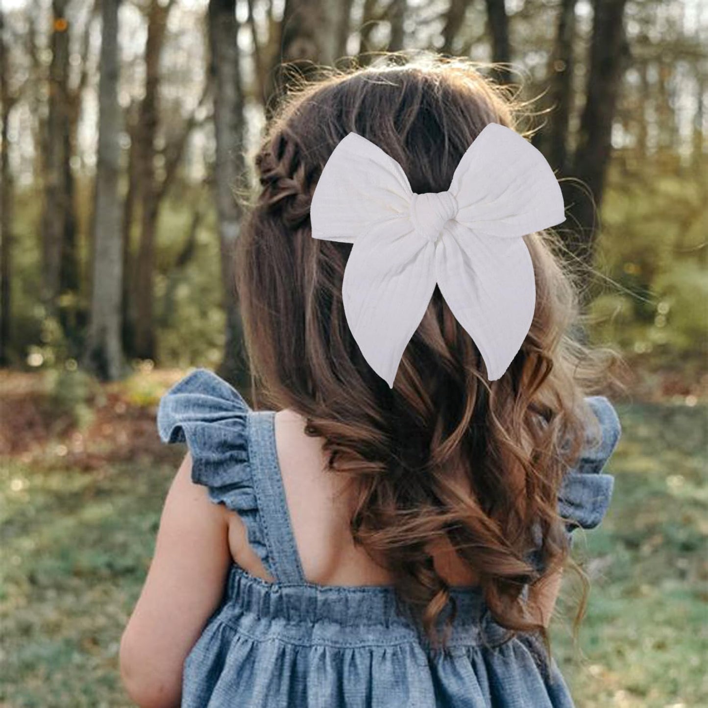 5.5 Inch White Fable Hair Bow: Handmade Linen Cotton Hair Clip For Girls - 1 Pcs