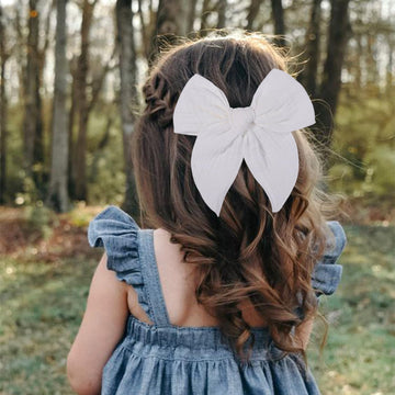 5.5 Inch White Fable Hair Bow: Handmade Linen Cotton Hair Clip For Girls - 1 Pcs