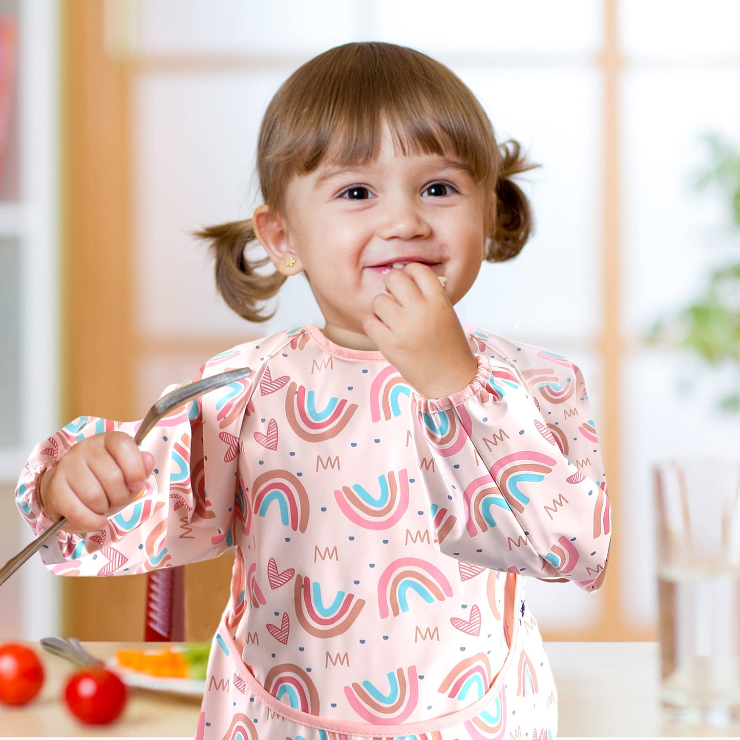 Spinfox 2 Pack Easy Clean Long Sleeve Bib, Soft Mess Proof Baby Smock Bib For Eating, Waterproof Toddler Baby Feeding Bibs Shirt