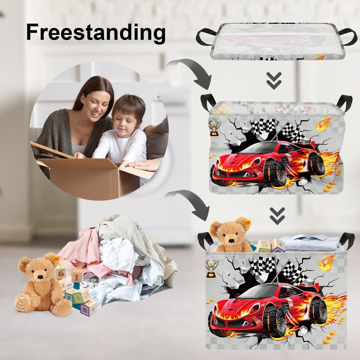 Clastyle Sport 3D Racing Car Boy Room Basket Racing Flag Monster Truck Toy Book Shelf Basket Large Rectangle Collapsible Dirty C