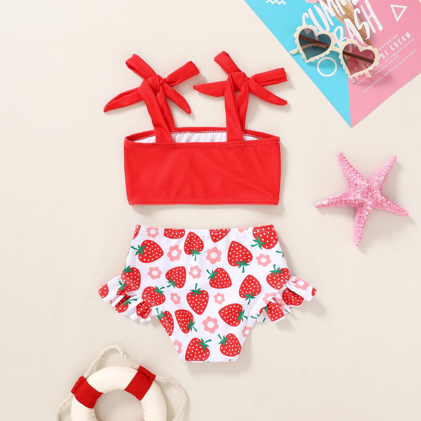 Toddler Girls Two Pieces Swimsuit Color Block Stripe Swimwear Summer Beach Bathing Suit 18M-5T(Red#Strawberry 2-3T)
