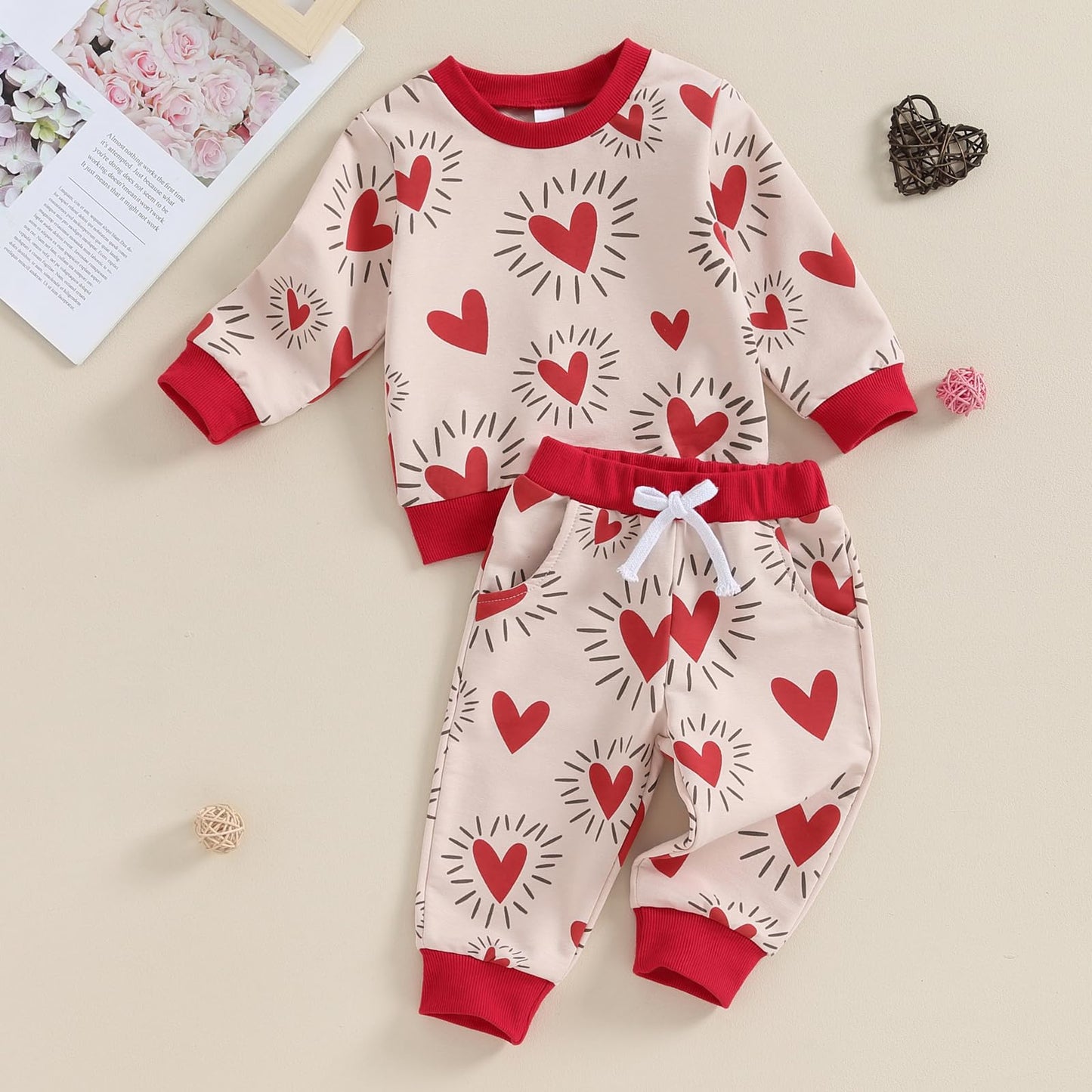 Baby Girl Valentines Day Outfit Cute Toddler Sweatshirt Pants Set Newborn T Shirt Top Suit Infant Clothes (R Heart Print Khaki,