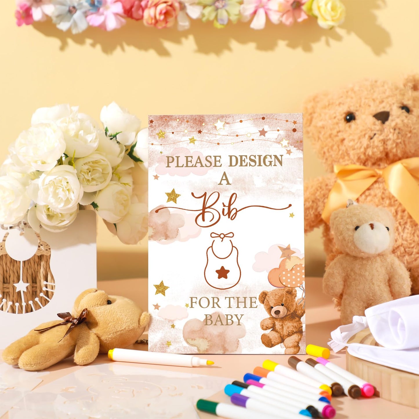 Panitay 100 Pcs Diy Baby Bibs Decorating Kit 50 White Bibs 25 Stencils 24 Fabric Markers 1 Baby Shower Game Sign(Brown Bear)