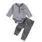 2Pcs/Set Newborn Baby Boys Outfit Long Sleeve Striped Bodysuit Romper Solid Pants Fall Winter Clothes (Gray, 3-6 Months)