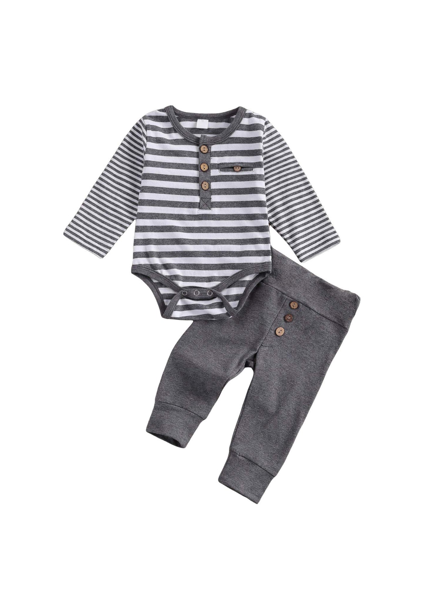 2Pcs/Set Newborn Baby Boys Outfit Long Sleeve Striped Bodysuit Romper Solid Pants Fall Winter Clothes (Gray, 3-6 Months)