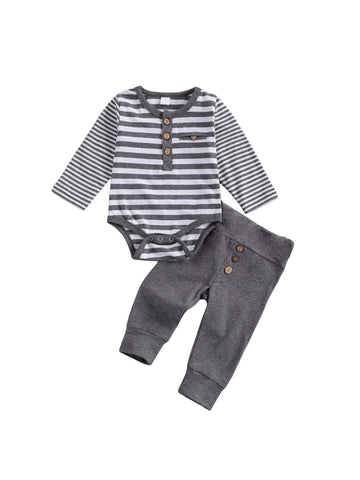 2Pcs/Set Newborn Baby Boys Outfit Long Sleeve Striped Bodysuit Romper Solid Pants Fall Winter Clothes (Gray, 3-6 Months)