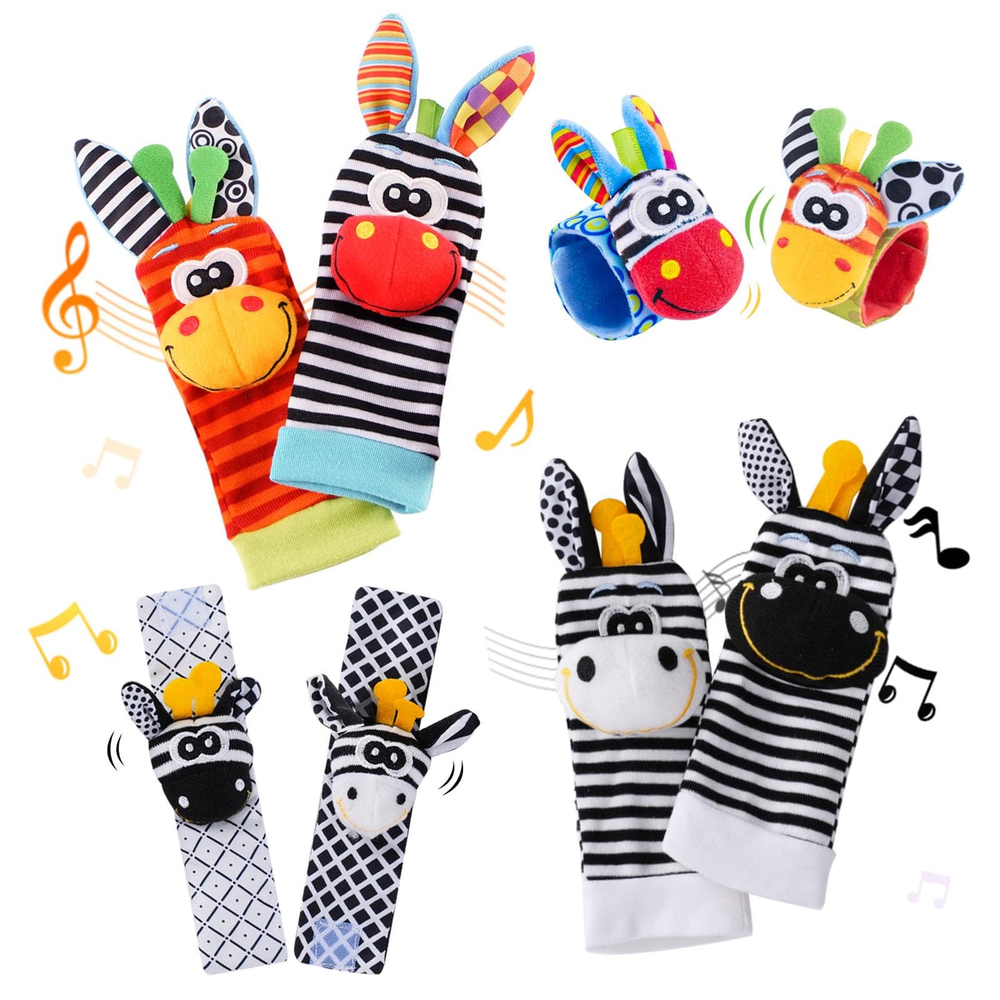 PHEZAPA Baby Toys 0-6 Months,High Contrast Baby Toys for Newborn, 8 Pcs, Animal Wrist & Foot Rattles Socks Set, Sensory Rattle T