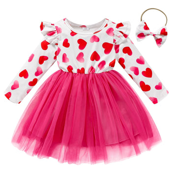 Sinhoon Baby Girls Valentine'S Day Outfits Long Sleeve Heart Print Tutu Skirts Ruffle Dress Toddler Girl Clothes(Rose Red,4-5T)