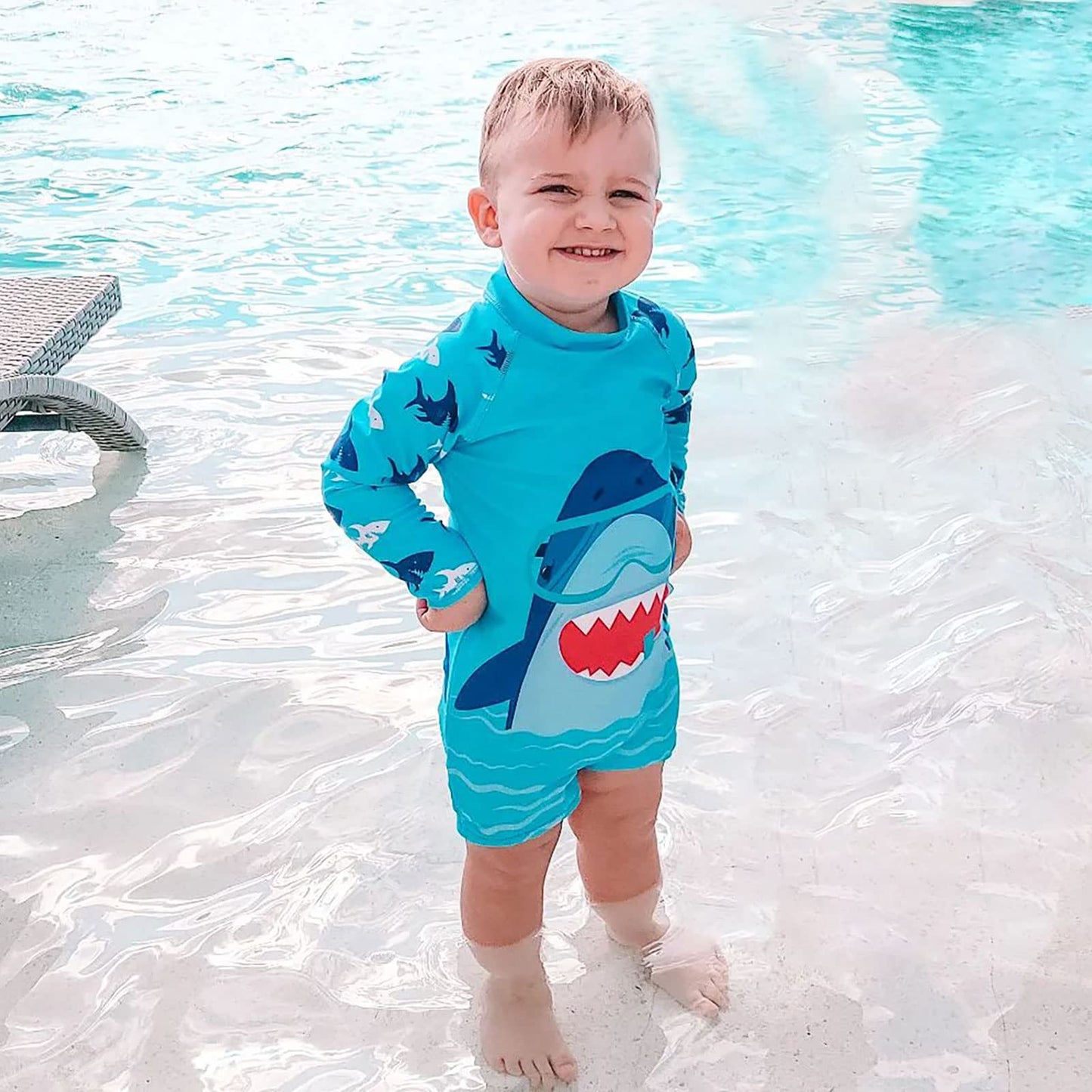 6-12 Months Boy Swimsuit One Piece Shark Bathing Suit Rash Guard Sunsuit With Sun Hat Zip Fish Print Swimwear For Summer Beach