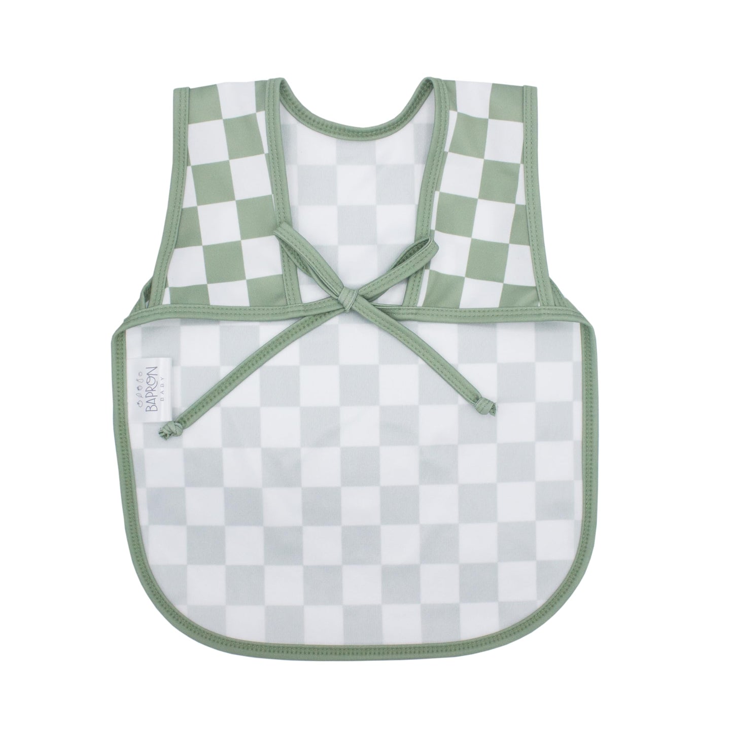 Bapronbaby Sage Checkerboard Bapron - No Neck Tie Safer Bib For Baby & Toddler - Soft Waterproof Stain Resistant - Machine Washa