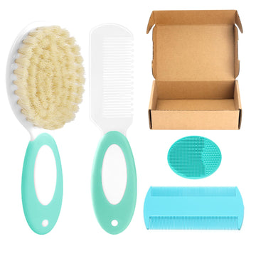 Baby Hair Brush And Comb Set, 4Pcs Baby Soft Bristles Hairbrush Cradle Cap Brush Hair Comb For Newborns Toddlers Boys Girls (Gre