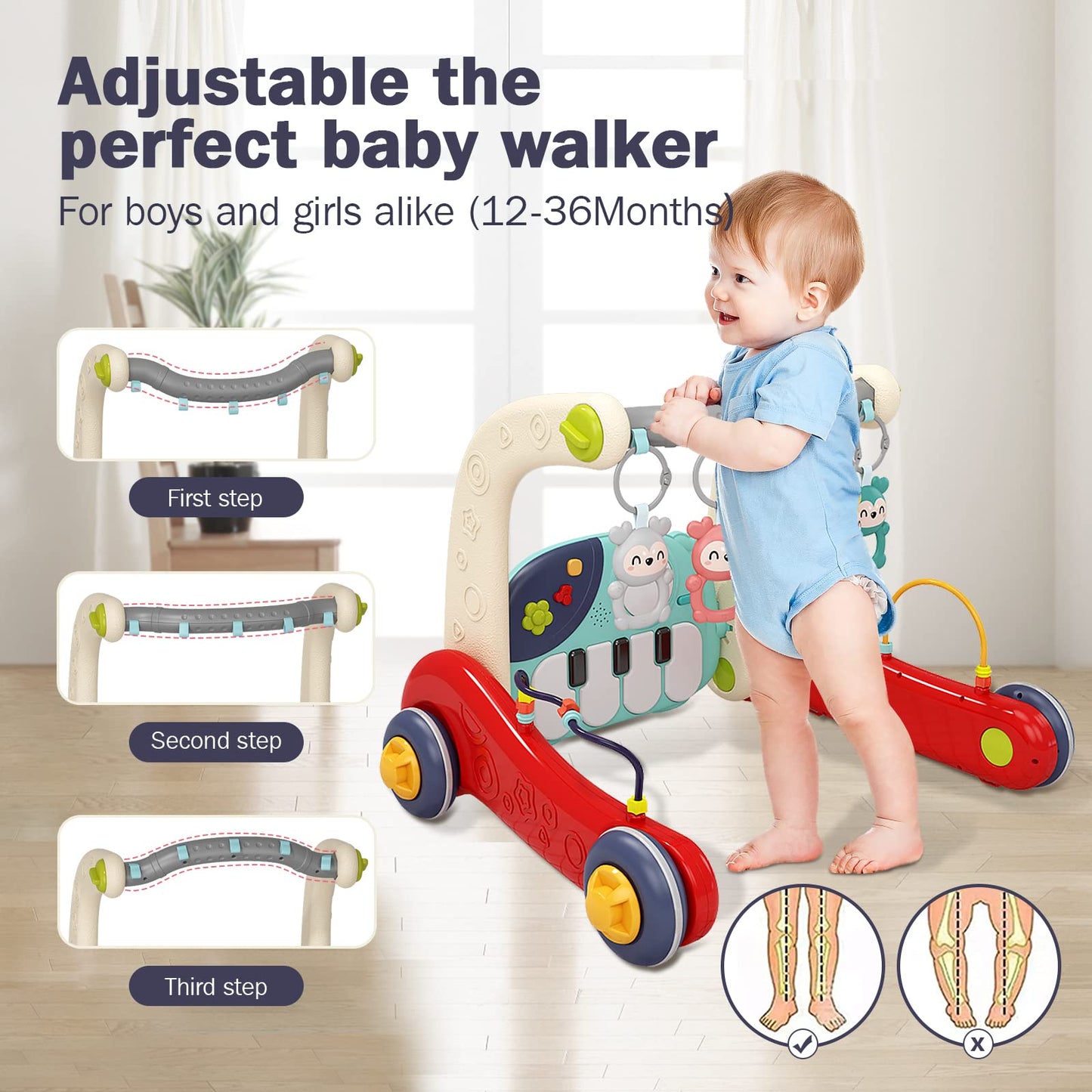 3 In 1 Baby Play Mat Baby Gym, Floor Activity Center And Infant Baby Walker- Toddler Push Walker, Play Piano Tummy Time,Boy & Gi