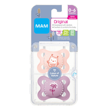 Mam Original Matte Baby Pacifier, Nipple Shape Helps Promote Healthy Oral Development, Sterilizer Case, Girl, 0-6 (Pack Of 2)