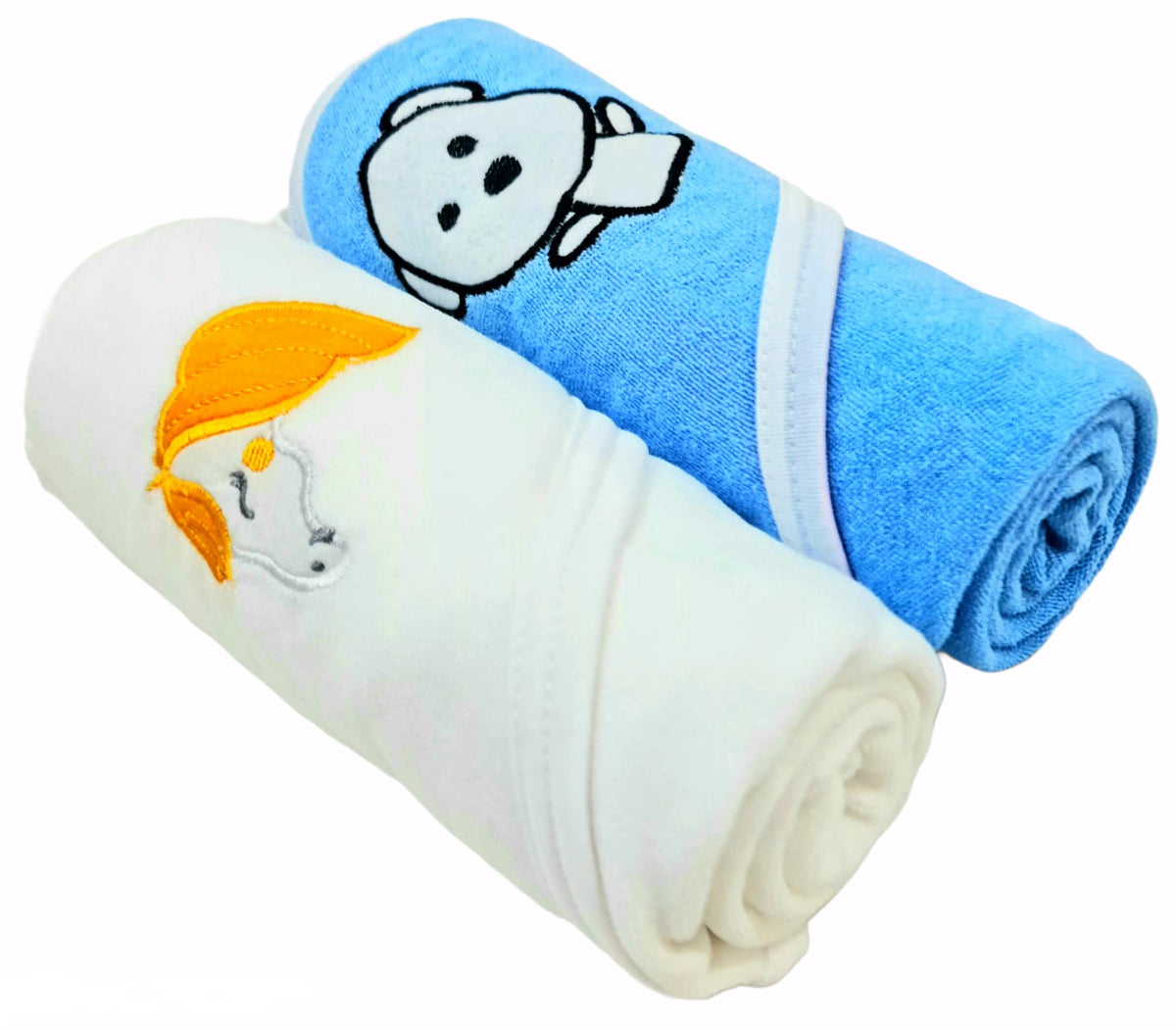 First Kick Polyester Baby Bath Towels New Born Combo Pack of Hooded Soft Wrapping Towel Pack of 2(70 cm x 66 cm) Set of 2
