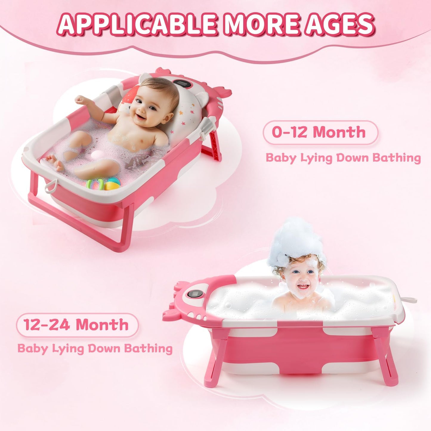 Baby Bathtub,Collapsible Baby Bath Tub With Thermometer & Soft Floating Cushion,Portable Travel Baby Bathtubs For Newborns To To