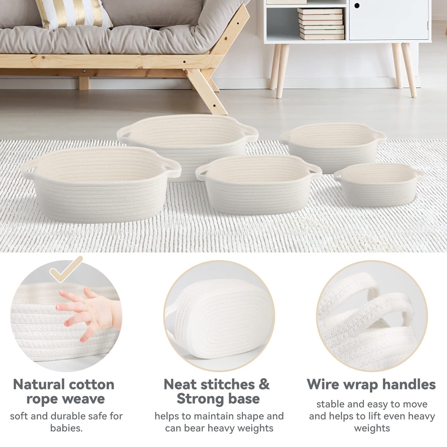Voowo Set Of 5 Rope Basket, Woven Rope Baskets For Storage, Baskets For Gifts Empty, Small Rope Basket For Organizing, Nursery R