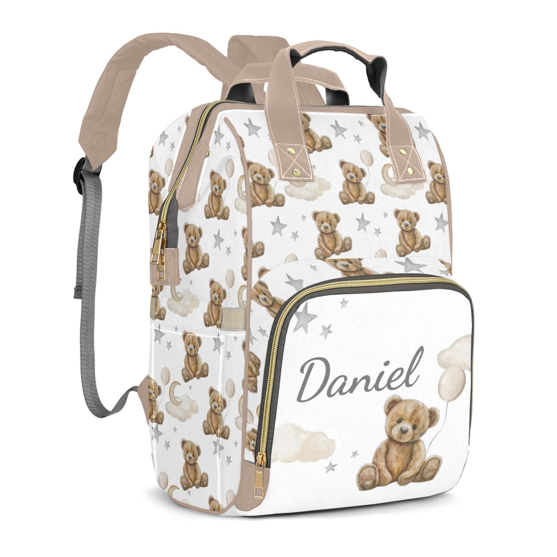 Bear Custom Name Diaper Bag Large Khaki and Brown Monogram Diaper Bag Nappy Backpack for Boys, Large Storage Adjustable Mom Bags