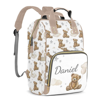 Bear Custom Name Diaper Bag Large Khaki and Brown Monogram Diaper Bag Nappy Backpack for Boys, Large Storage Adjustable Mom Bags