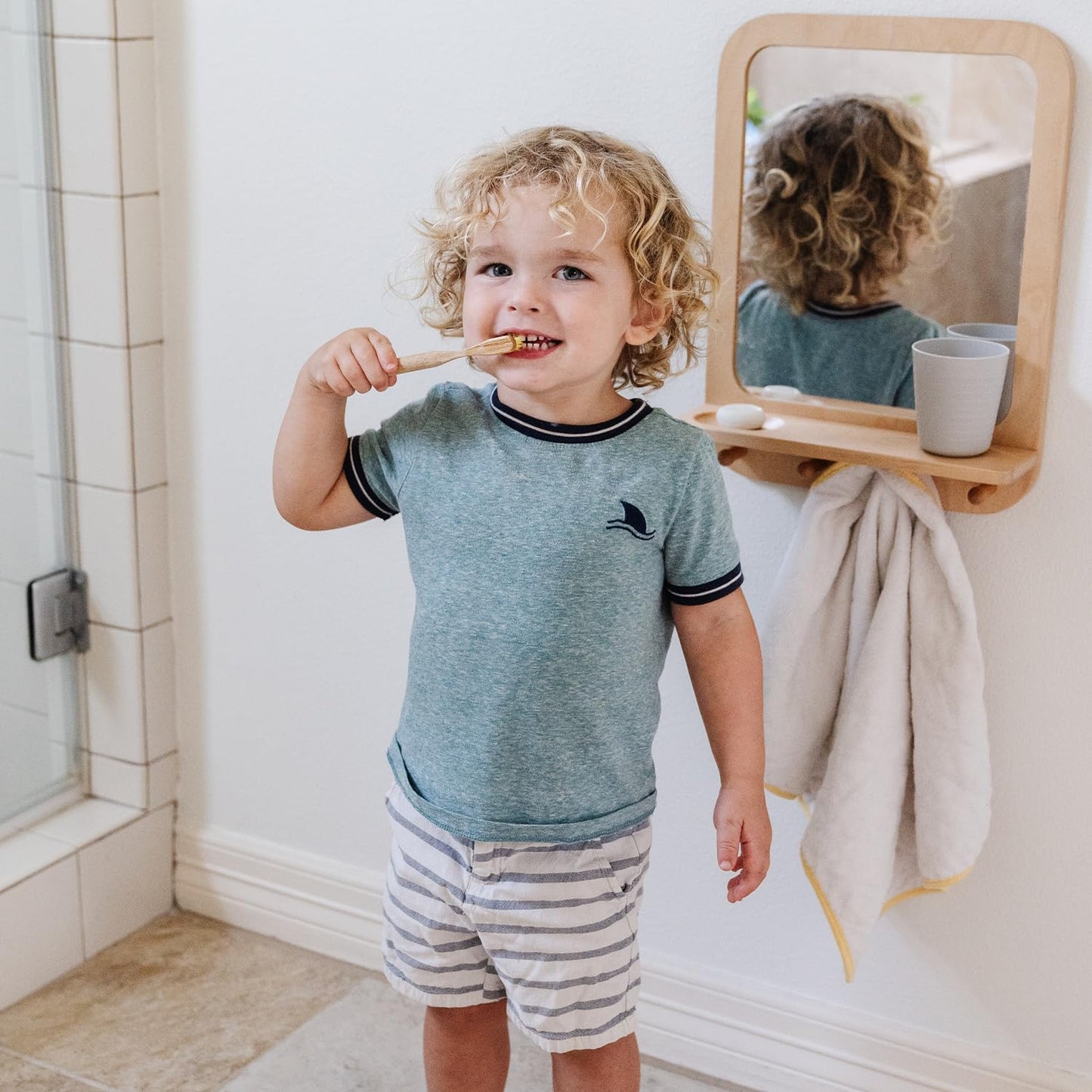 Montessori Wooden and Acrylic Wall Mirror with Hooks for Toddlers - Entryway Mirror with Hooks and Shelf Organizer Self-Care Sta