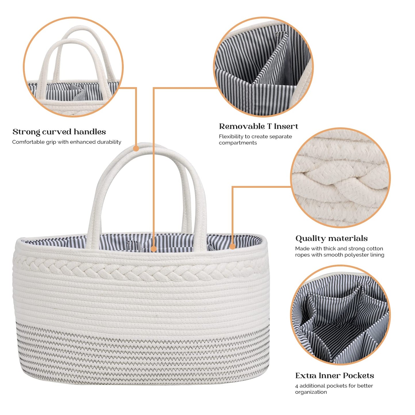 Luxury Little Diaper Caddy Organizer, Extra Large Cotton Rope Nursery Basket, Changing Table Organizer For Baby Diaper Storage,