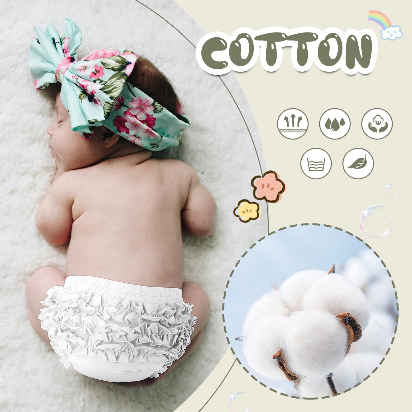 Durio Baby Bloomers For Toddler Girls Ruffle Diaper Covers For Girls Cute Cotton Baby Girl Shorts White 0-6 Months