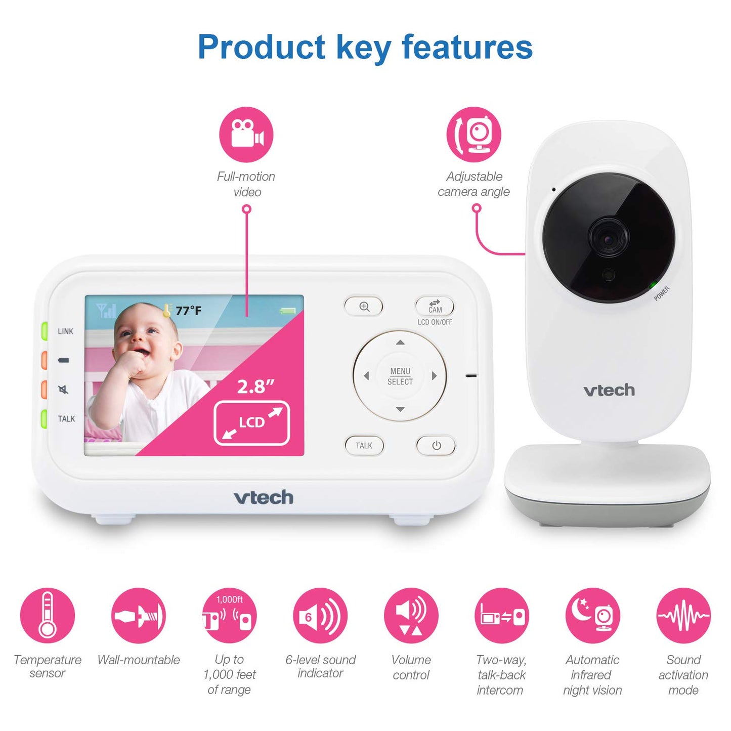 Vtech Video Baby Monitor With 1000Ft Long Range, Auto Night Vision, 2.8    Screen, 2-Way Audio Talk, Temperature Sensor, Power S
