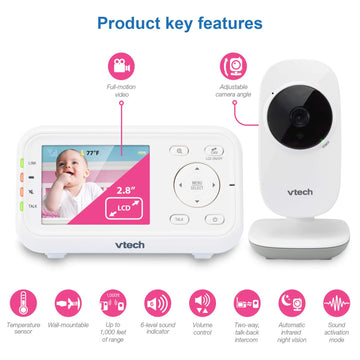Vtech Video Baby Monitor With 1000Ft Long Range, Auto Night Vision, 2.8    Screen, 2-Way Audio Talk, Temperature Sensor, Power S