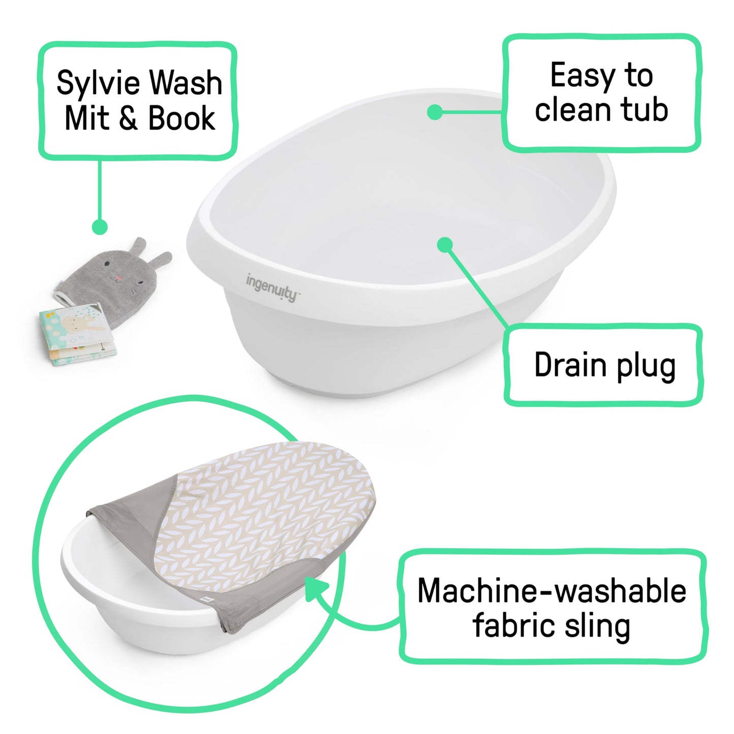 Ingenuity Sylvi Full Comfort 3-in-1 Grow with Me Baby Tub, Newborn to Toddler Baby Bath Tub, Supportive Sling, Includes Sylvie W