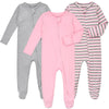 Aablexema Baby Footie Pajamas With Mittens - 3Pcs Infant Footed Sleeper Cotton Sleepwear Outfits(Pink/Grey/Stripe,6-9M)