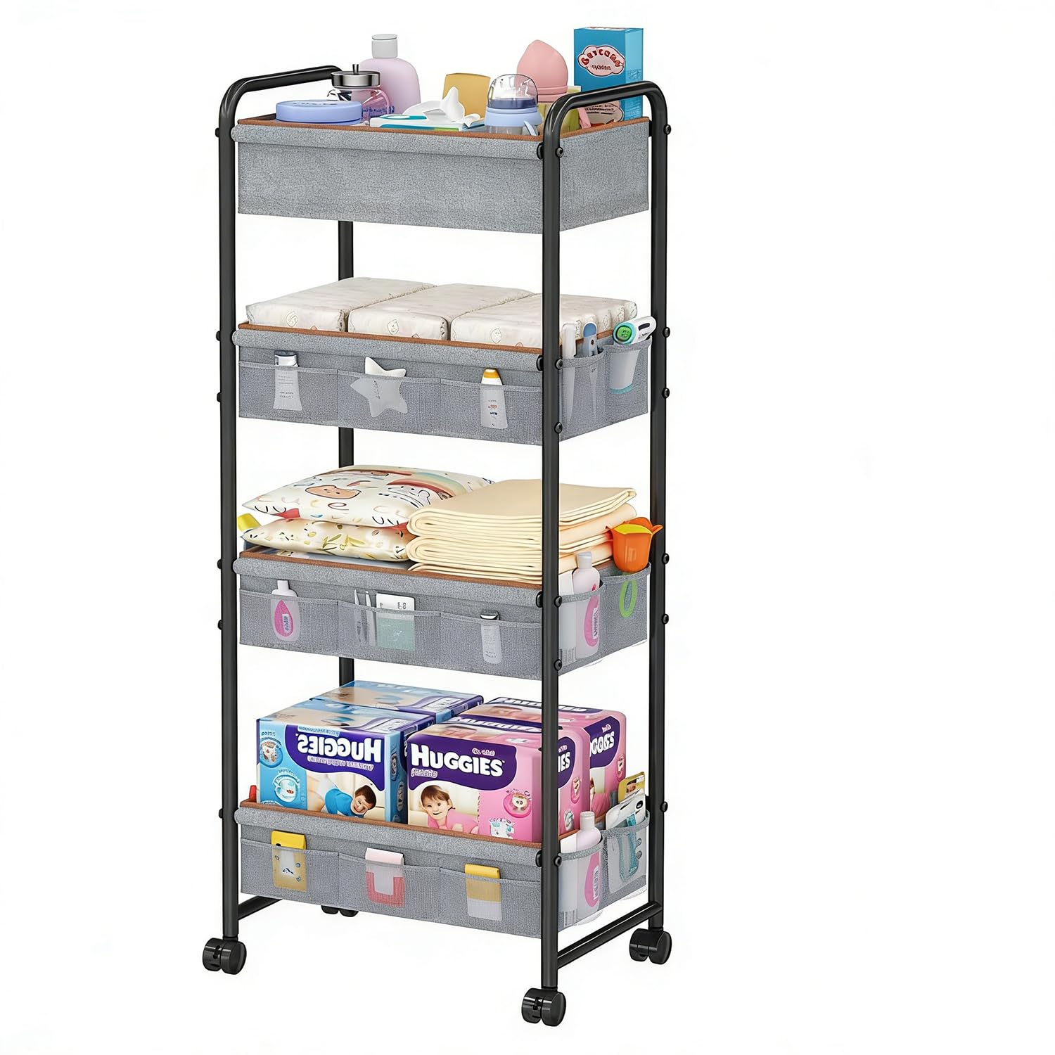 Cidaziya 4-Tier Rolling Sorage Cart,Baby Diaper Caddy Organizer, Nursery Baby Storage with Wheels, 2 Dividers & 21 Pockets,Metal
