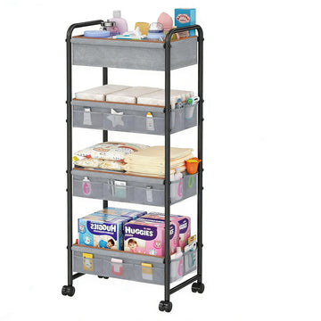 Cidaziya 4-Tier Rolling Sorage Cart,Baby Diaper Caddy Organizer, Nursery Baby Storage with Wheels, 2 Dividers & 21 Pockets,Metal