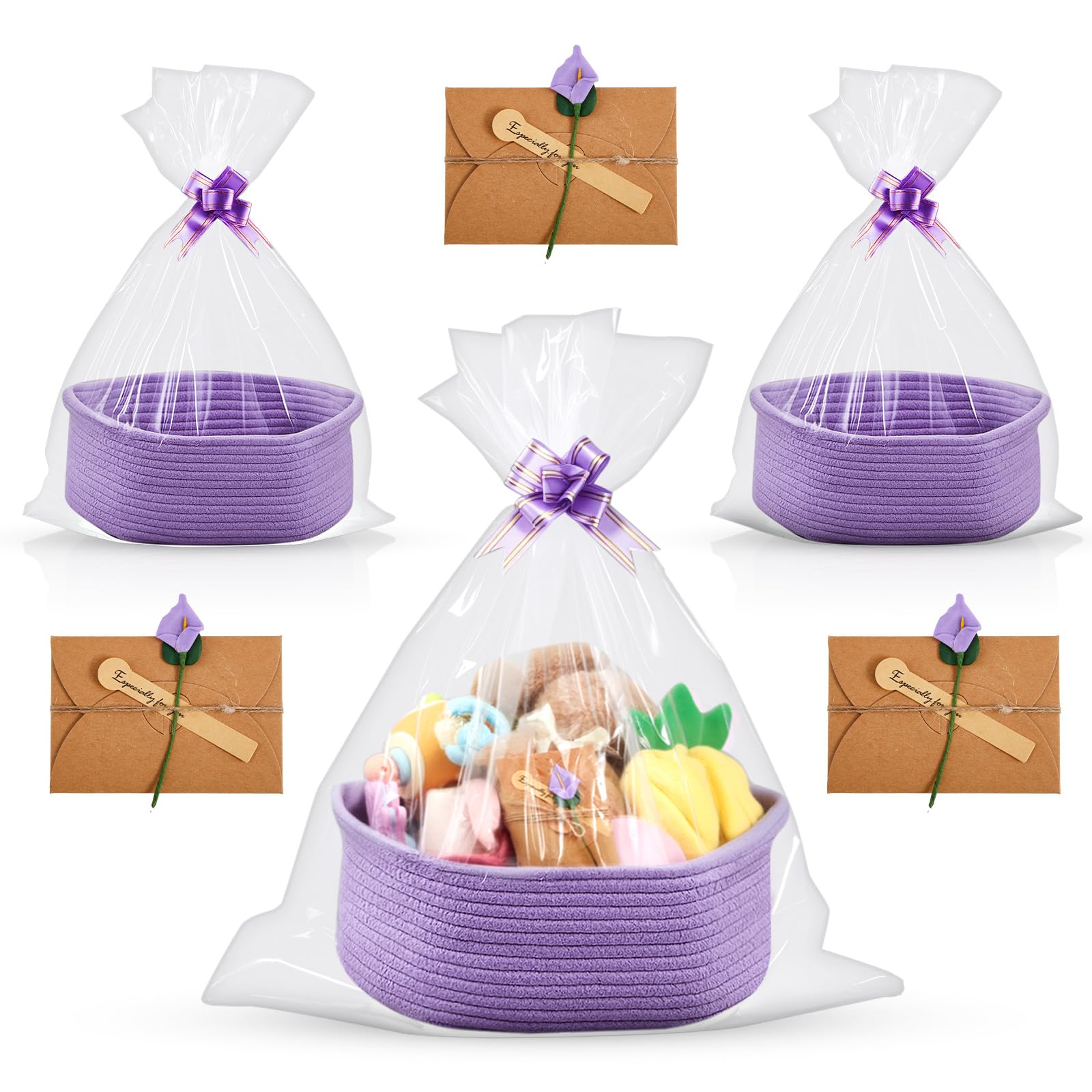 GlikCeil 3 Set of Purple Woven Baby Gift Baskets with Ribbons Cards and Bags for Pet Toy Organize 13.4 x 9.8 x 5.1 Empty Cotton 