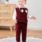 Yallet Toddler Baby Boy Clothes Suit Gentleman Wedding Outfits, Formal Dress Shirt+Bowtie+Vest+Boutonniere+Suspender Pants(V Red