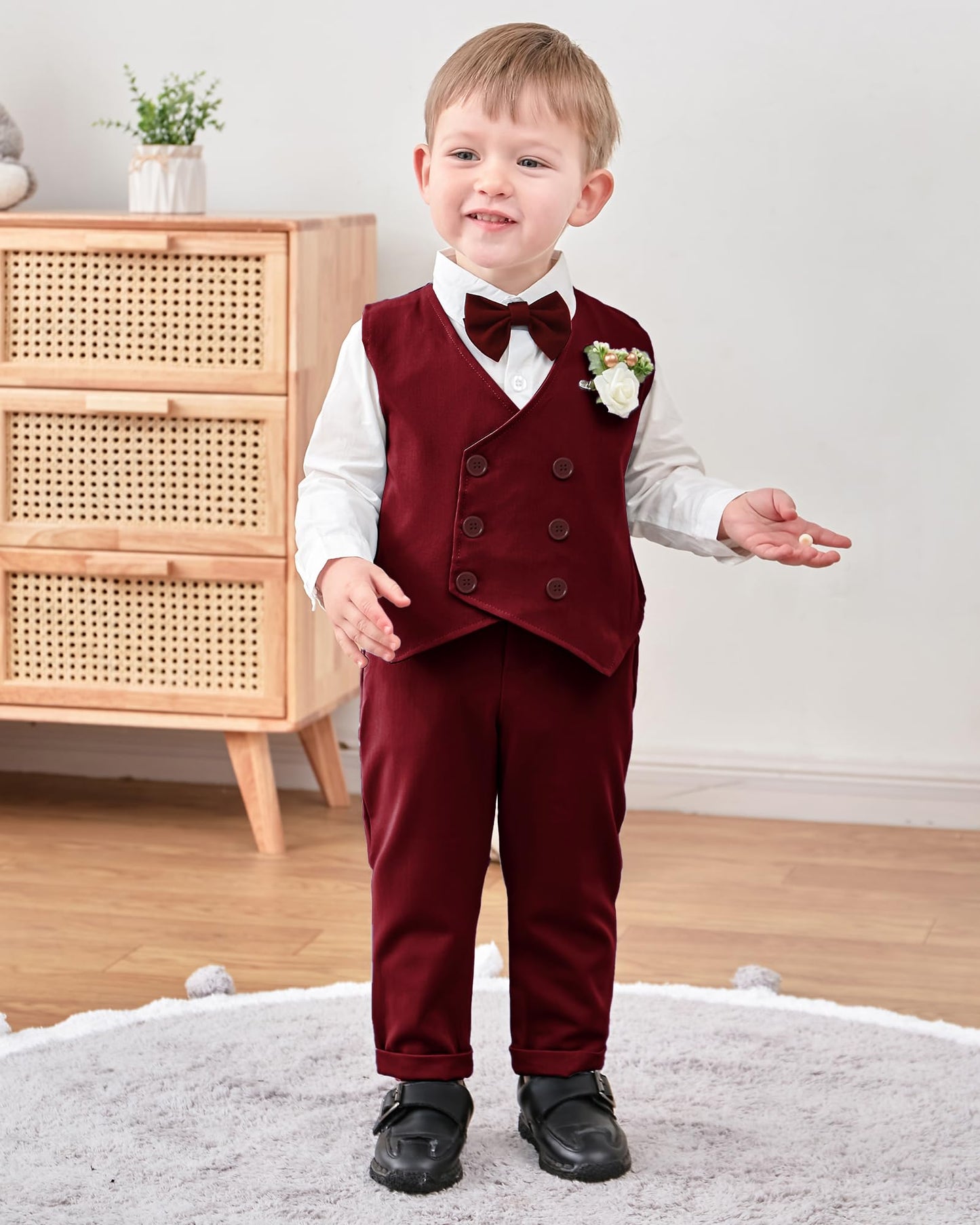 Yallet Toddler Baby Boy Clothes Suit Gentleman Wedding Outfits, Formal Dress Shirt+Bowtie+Vest+Boutonniere+Suspender Pants(V Red