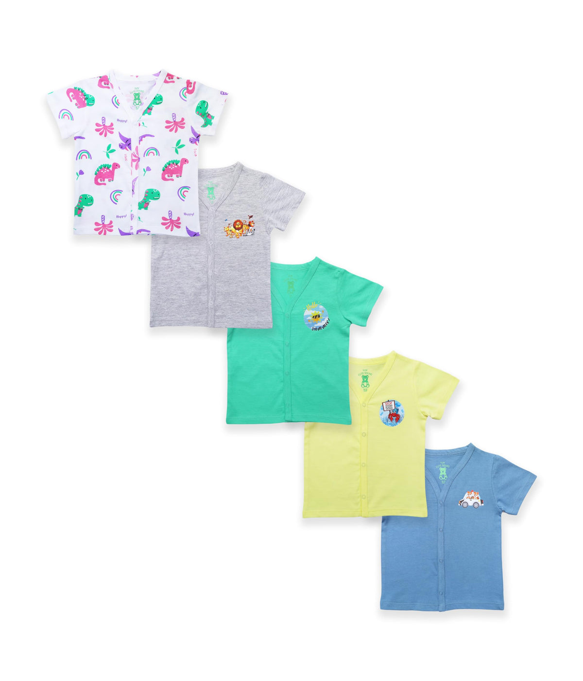 Yuv Soft Cotton HalfSleeve Front Open Snap Button Multicolour Jabla TShirts, Pack Of 5 (In, Age, 9 Months, 12 Months, Regular,