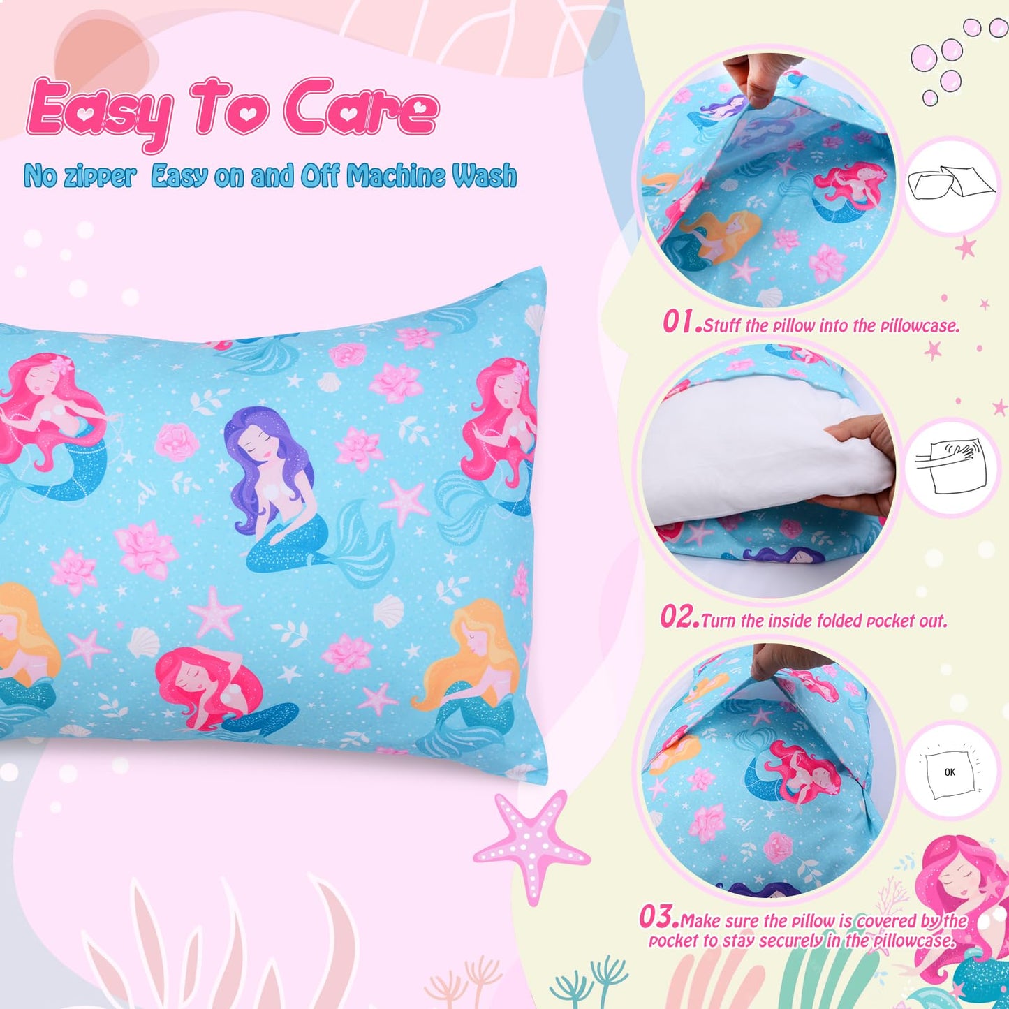 Cloele Toddler Pillowcase Mermaids Envelope Travel Pillowcase Small Pillow Cover Fits Pillows Sized 12X16 Or 13X18-2 Pack Kids P