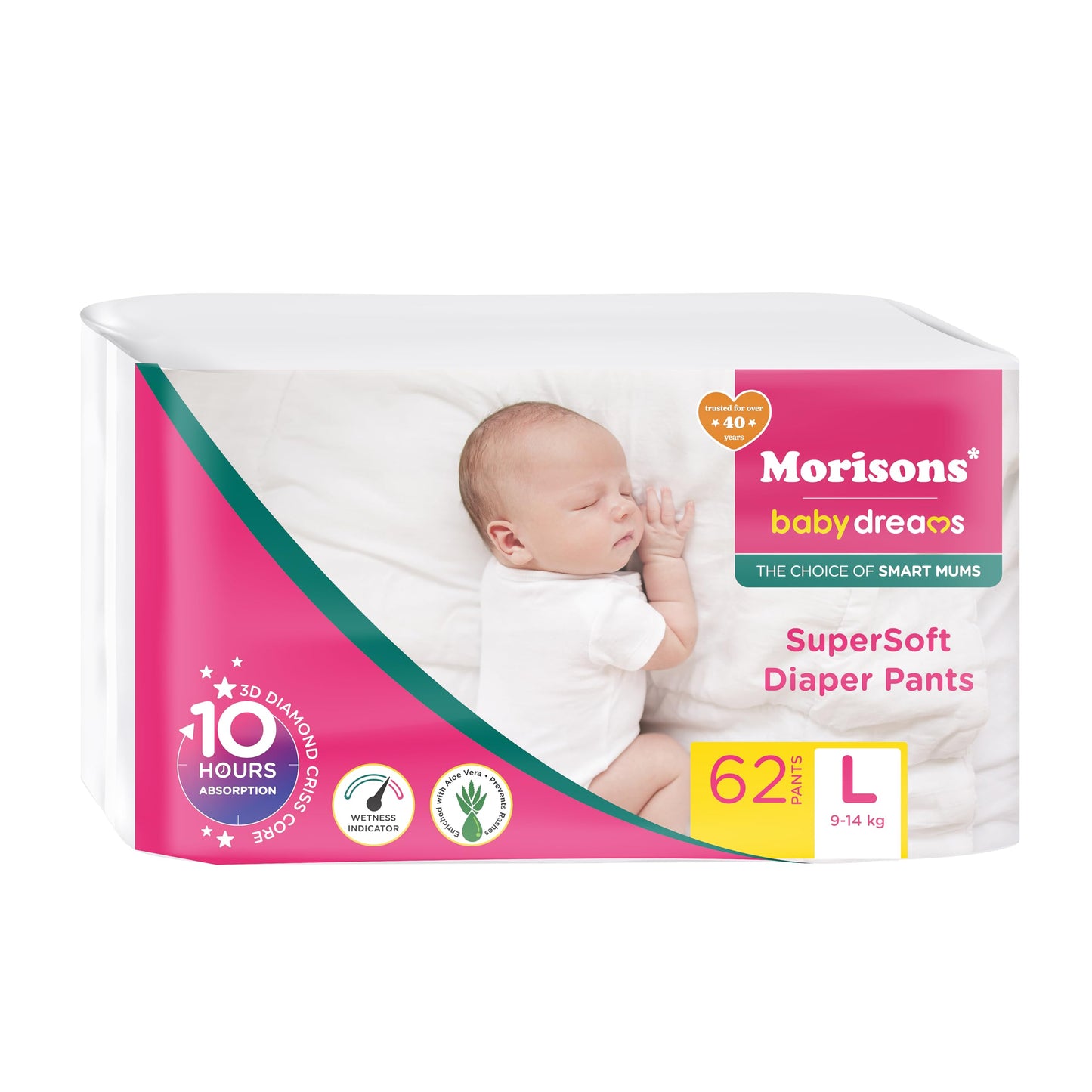 Morisons* Babydreams The Choice Of Smart Mums Baby Supersoft Diaper Pants Large  L (62 Pieces), 1741 Grams