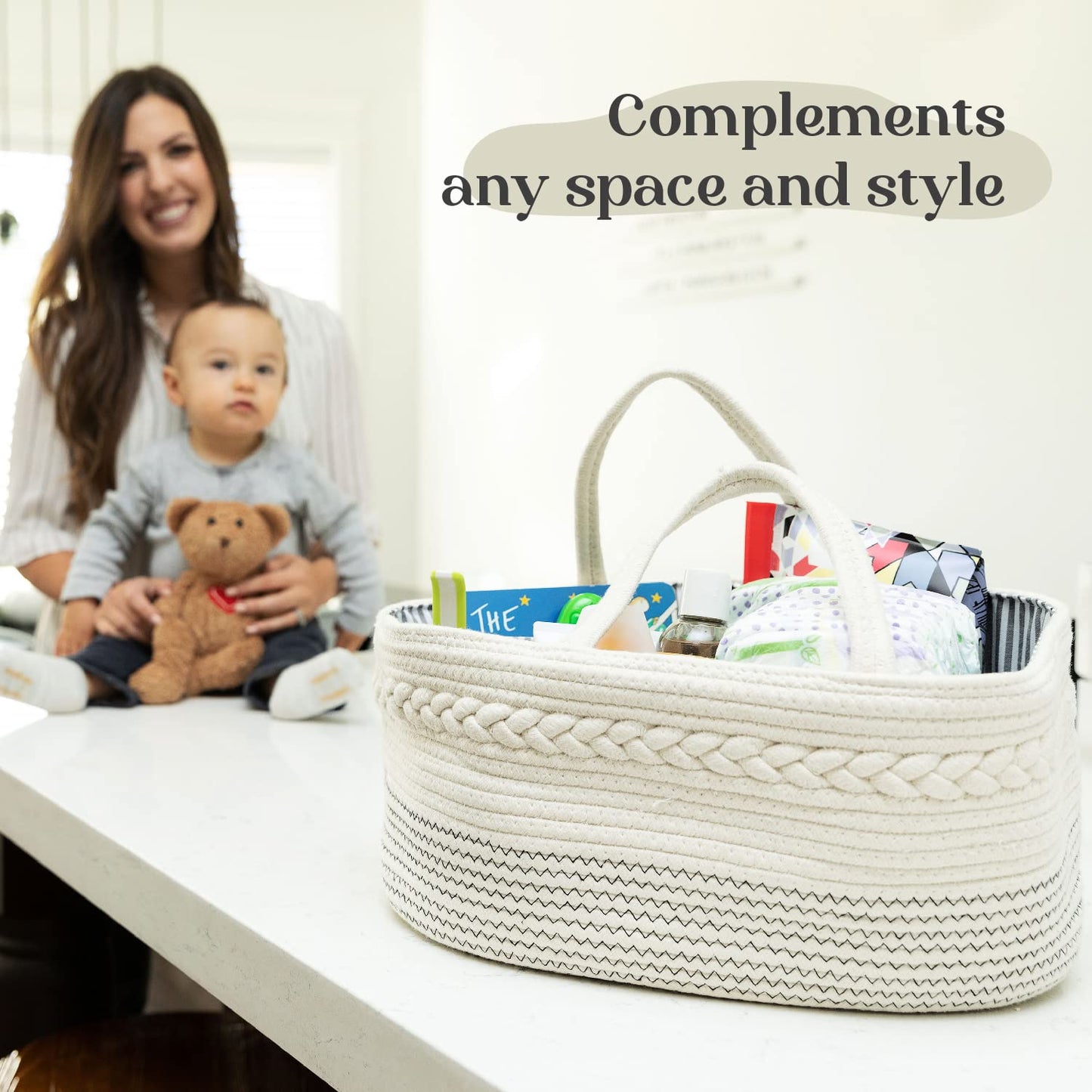 Luxury Little Diaper Caddy Organizer, Large Cotton Rope Nursery Baby Basket, Changing Table Organizer For Baby Diaper Storage, P