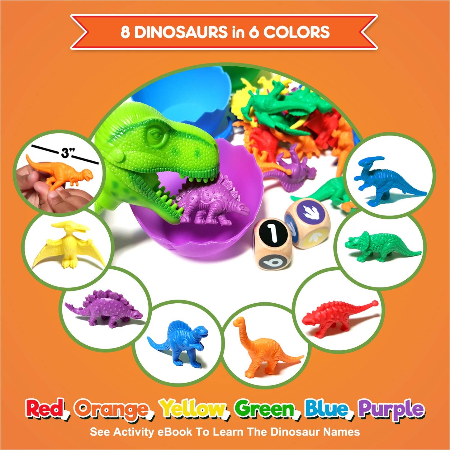Jumbo Sorting & Counting Dinosaurs Matching Game - Educational Dinosaur Toys for 3 4 5 Year Olds with 54 Math Manipulatives, Din