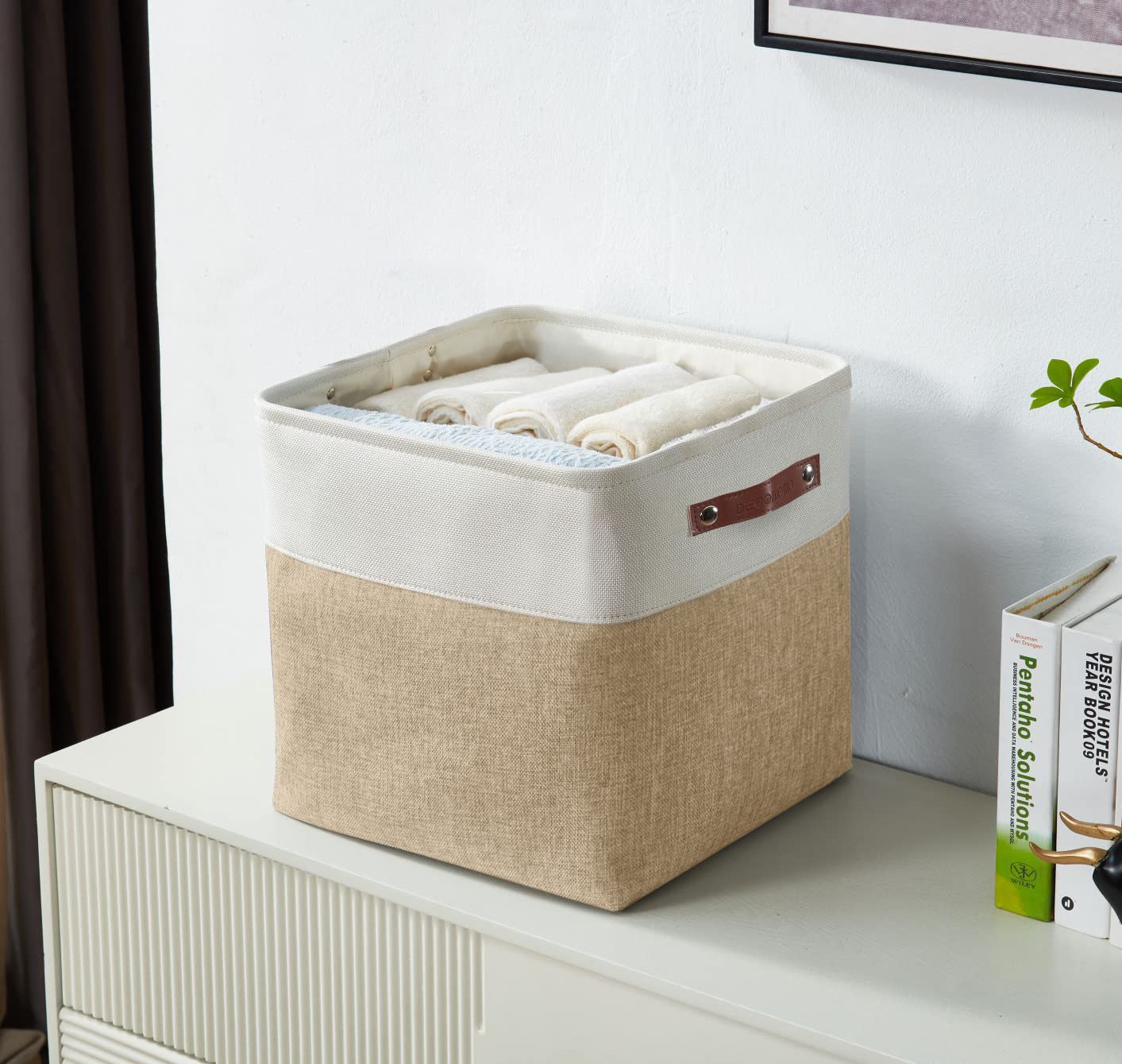 DECOMOMO 13 Inch Cube Storage Bins, Fabric Storage Cube, Basket for Kallax Shelves (Beige & White, Cube 13 - 4 Pack)