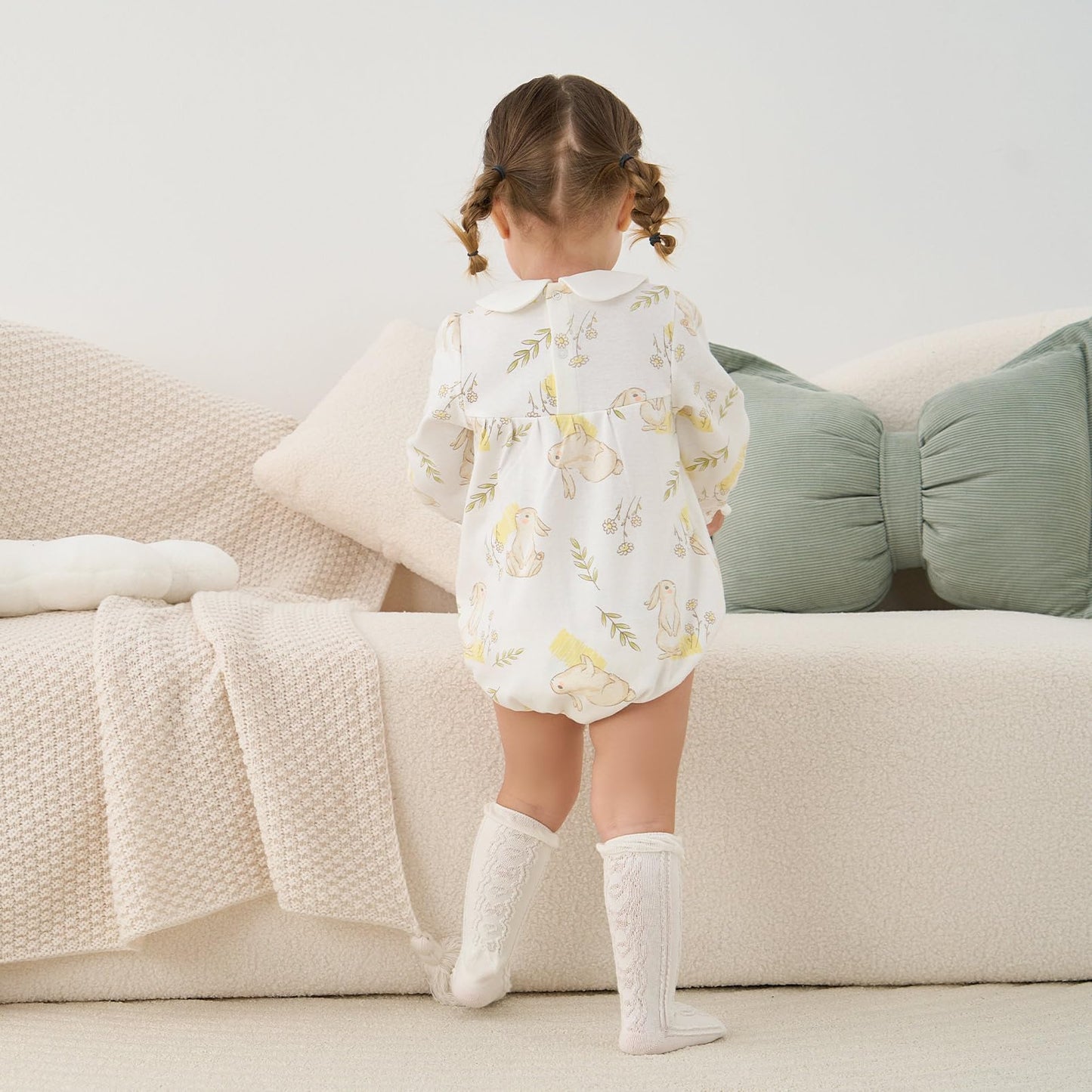 Pureborn Baby Girls Bodysuit Peter Pan Collar Bubble Romper Easter Long Sleeve One-Piece Cotton Outfit Field Rabbit 3-6 Months